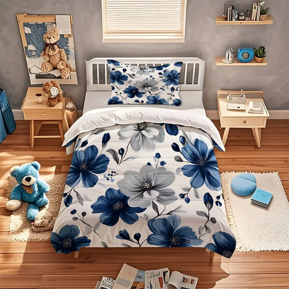 Blue Floral Duvet Cover Set Elegant Botanical Bedding Set Digital Print Quilt Cover Soft Microfiber Comforter Cover Home Decor