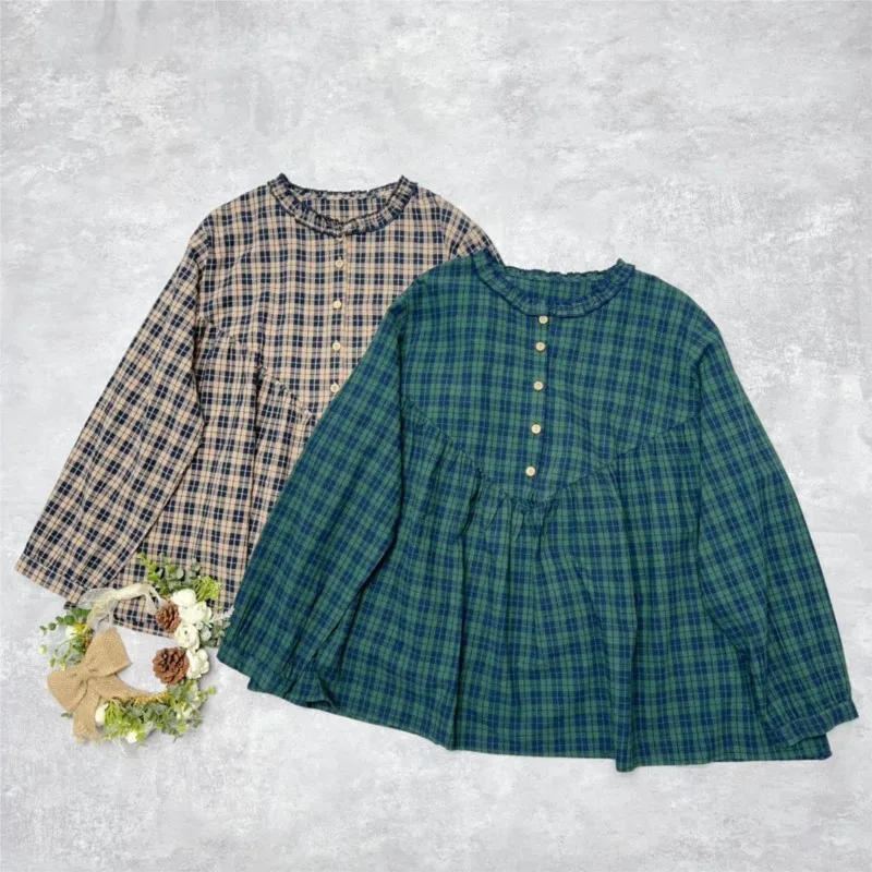 

Johnature Casual Plaid Cotton Pullover Long Sleeve Shirt Women Japanese Mori Woman Loose Versatile Thin Tops Spring Autumn New