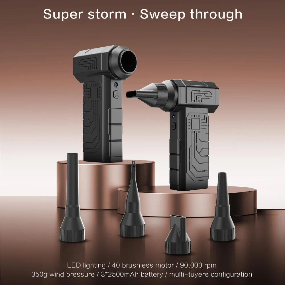 

90,000 RPM / 350g air pressure, 40mm brushless motor turbo handheld fan, 7500mAh long-lasting battery life, multiple air nozzle