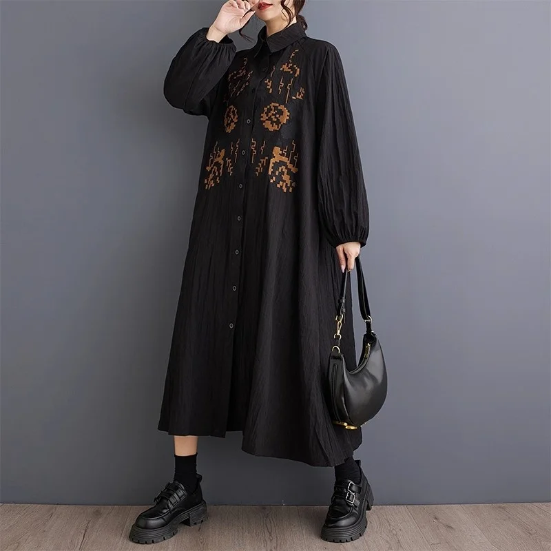 Frühling Und Herbst Kleid Frauen Lose Große Größe Patchwork Casual Einfache Druck Lange Ärmeln Hemd Kleid Lange Stil Kleidung w1820