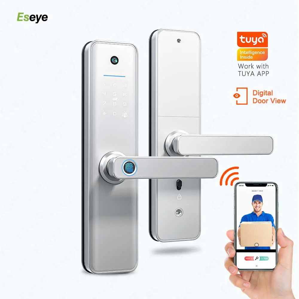 Eseye New Design Tuya Smart Lock Digital Viewer Password Key Cards APP Fingerprint Camera Door Lock