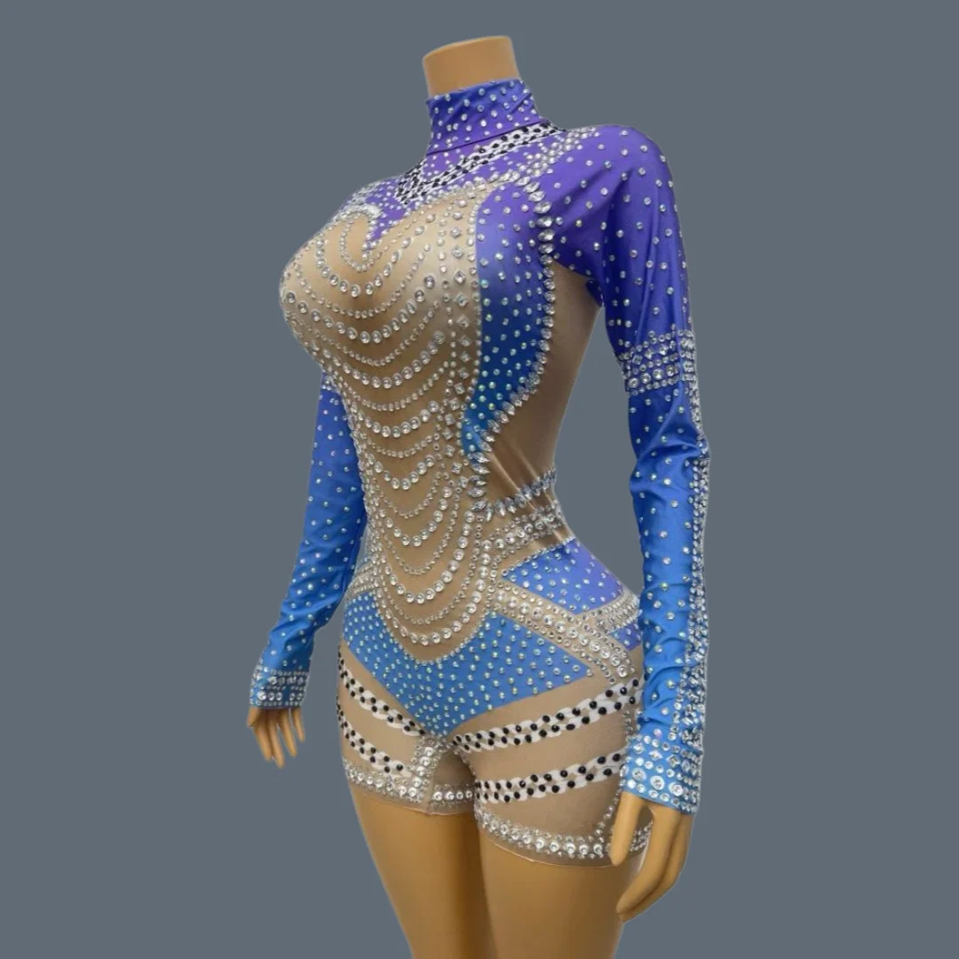 Fashion Sparkly Rhinestone Spandex Elastic Bodysuit Women Celebrate Party Show Outfit Club Drag Queen Performance Wear Haiyang