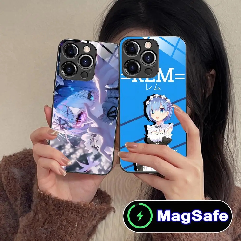 

REM RAM Emilia Waifu Phone Case for iPhone 16 15 14 13 12 11 Pro Max Plus Mini MagSafe Glass Colour Printing Luxury Cellphones
