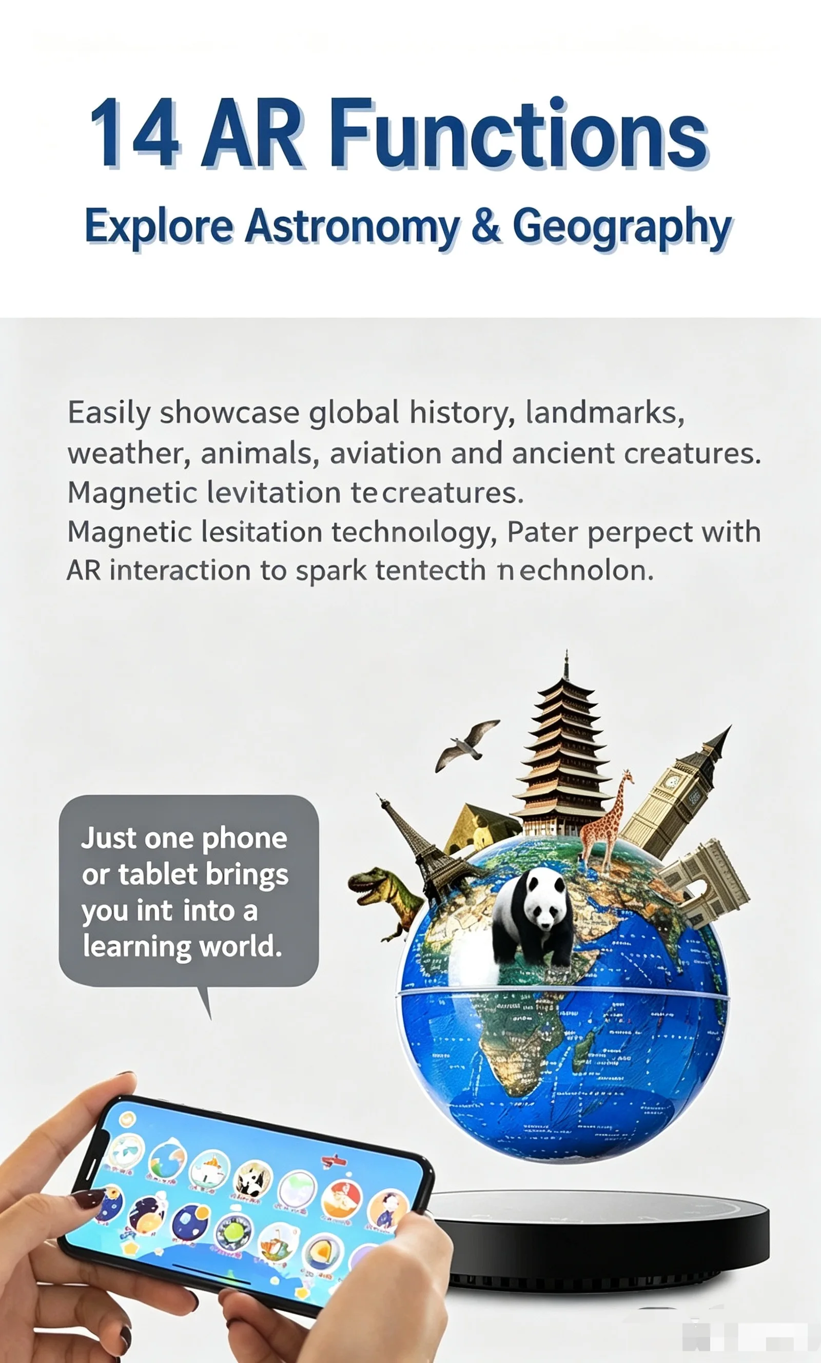 Magnetic Levitation Globe Ornament Clock Mirror Surface Luminous Base Clear Map Teaching Globe Wholesale