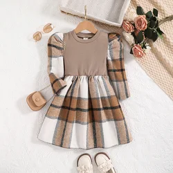 Autumn New Dress Kids Girls 4-7 Years Khaki knitted Patchwork Plaid Long-Sleeved Dress For Girls Casual Retro Korean Style Dress