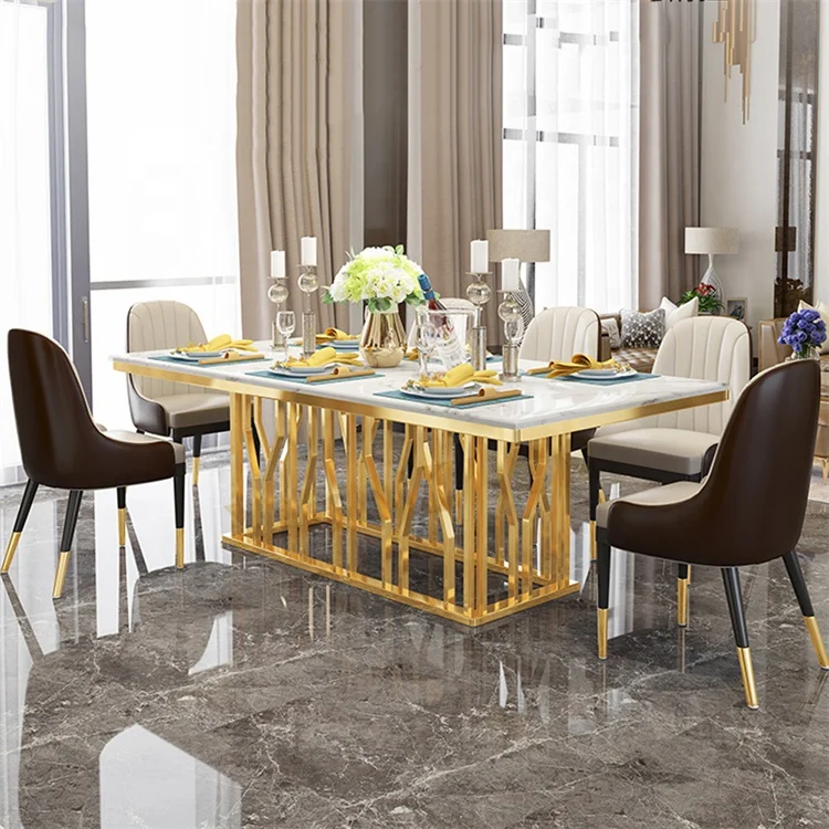 

# Furniture Stainless Steel Modern Dining Table Set Gold Luxury Marble Top