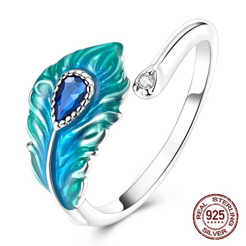 Original 925 Sterling Silver Blue Green Glazed Feathers Open Rings for Women Girls Jewelry Birthday Anniversary Gifts