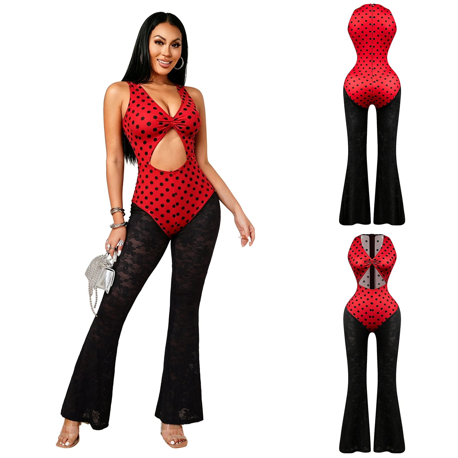 Womens Romper Sleeveless Cutout Polka Dot Lace Patchwork Jumpsuit for Beach Nightclub Rave Party Dance Floor Festival Stage Show