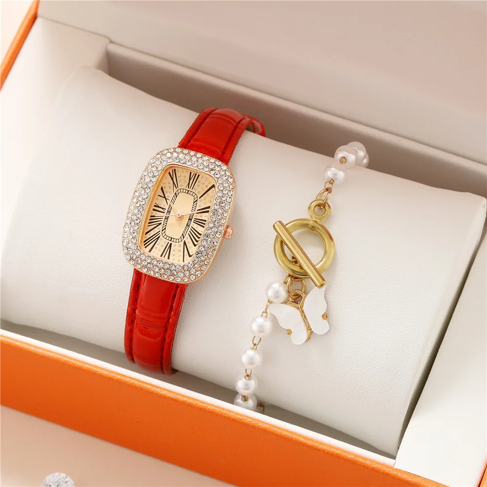 Fashion Rectangular Belt Watch Women Simple Rhinestone Roman Scale Face Quartz Ladies Temperament Watch