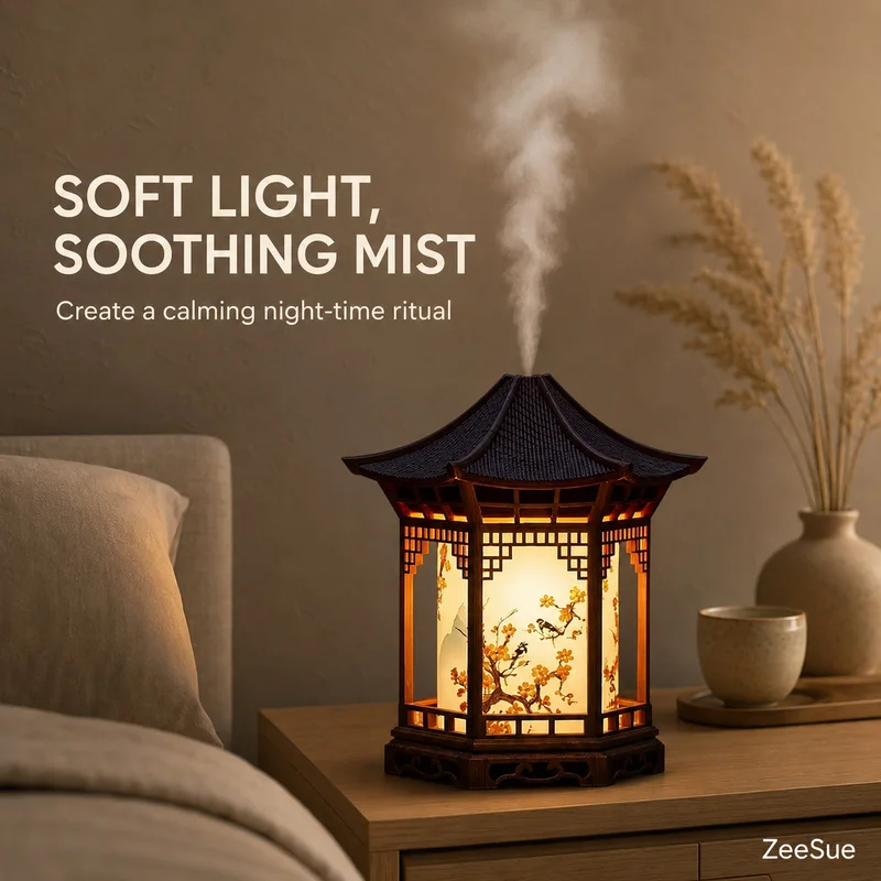 Chinese Pagoda Style Mist Humidifier with Warm LED Night Light, Decorative Desktop Air Moisturizer for Bedroom and Living Room