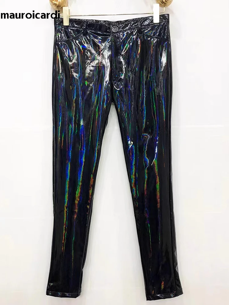 Mauroicardi Spring Skinny Sexy Shiny Reflective Stretchy Black Patent Pu Leather Pants Men Y2K Streetwear Latex Trousers 2023