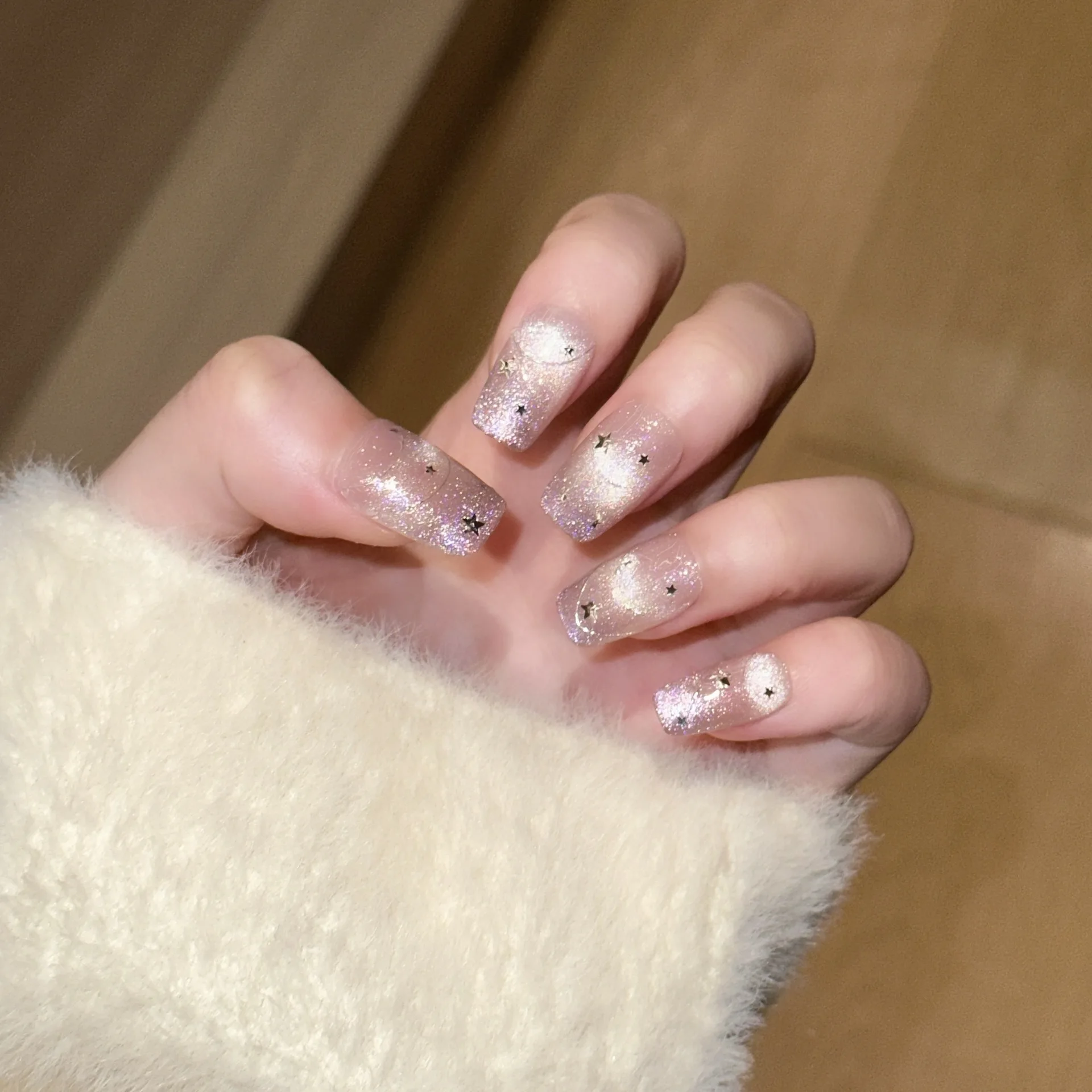 

10PCS Aurora Purple Cat Eye French False Nail Glitter Star Sweet Medium Square Handmade Press on Nails Full Cover Fake Nail Tips