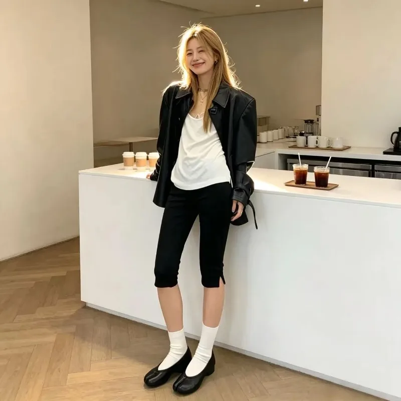 Women Elastic Slim Fit Capri Pants Side Split High Waist Casual Stretch Cycling Cropped Trousers