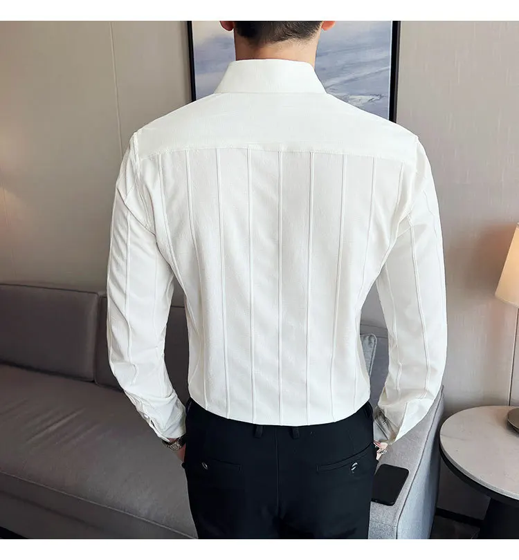 Italian Naples Men's Long-sleeved Shirt Light Luxury Fashion High-end Striped Casual Shirt White Black V-neck Men's Shirt