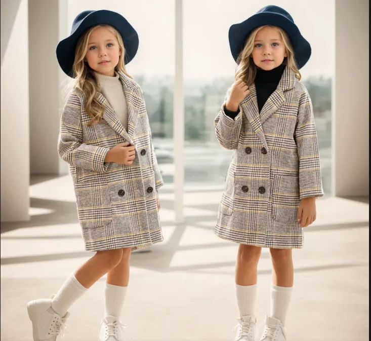 Beauty Girls Winter Long Coat Plaid Pattern For Girl Thick Warm Kids Coat Outerwear Teenage Children Clothings