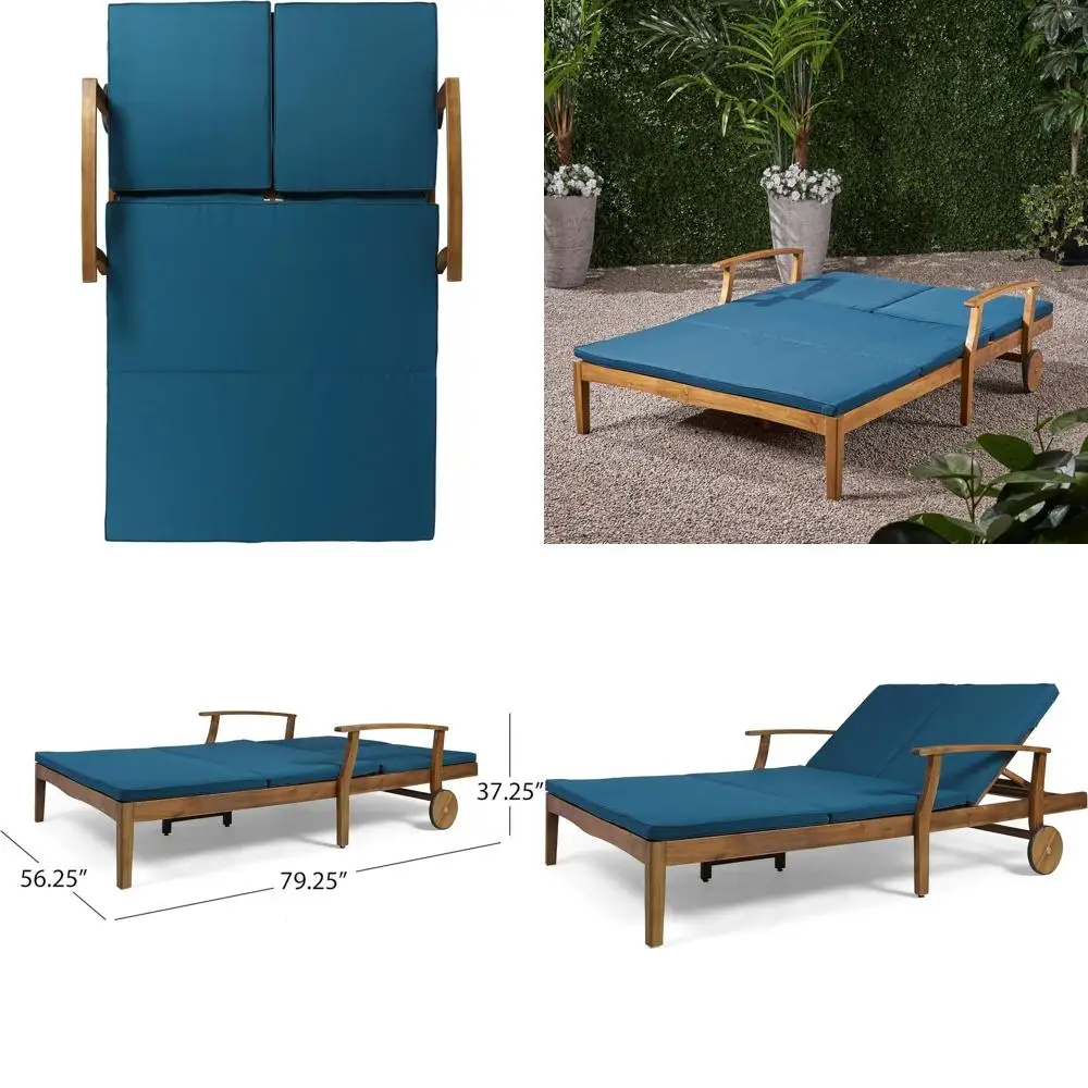 

Двойной шезлонг из акации с отделкой под тик, синие подушки для сада и патио