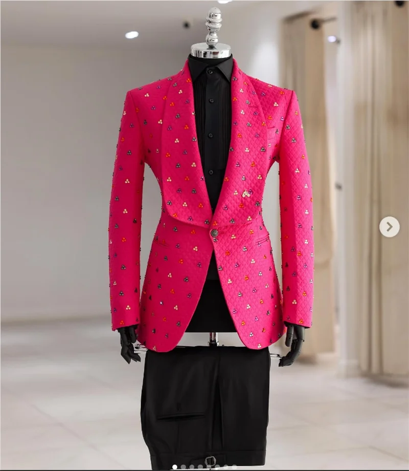 

Pink Crystals Men Suit Set 2 Piece Blazer+Cotton Pants Trousers Luxury Wedding Tuxedos Formal Office Jacket Coat Customized