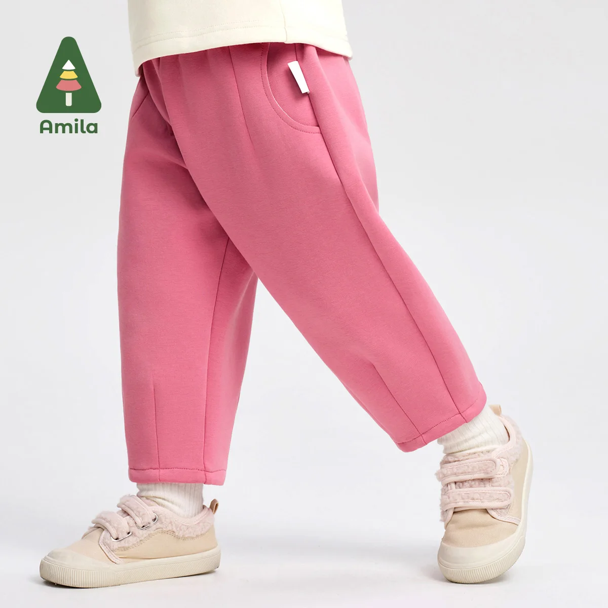 Amila Baby Casual Pants 2024 Winter New Girls Solid Color Printing Warm Soft Loose comfortable Casual Children‘s Trousers