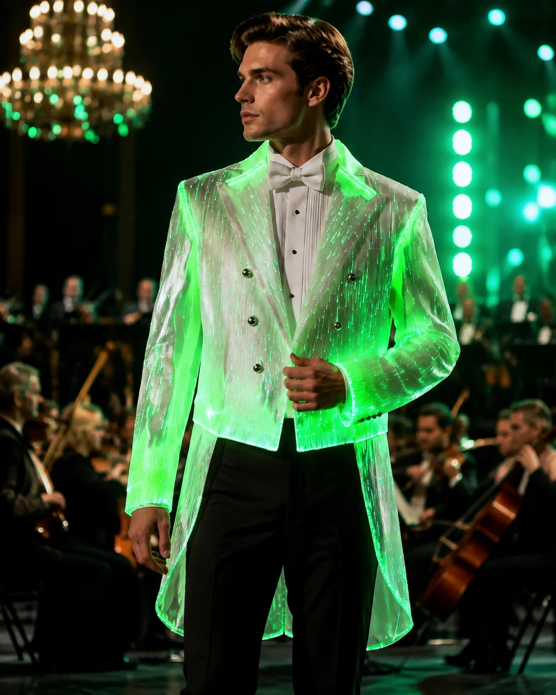 Chaqueta de Lujo con Iluminación LED, Chaqueta de Rendimiento Futurista con Brillo y Estilo de Esmoquin de Doble Botonadura