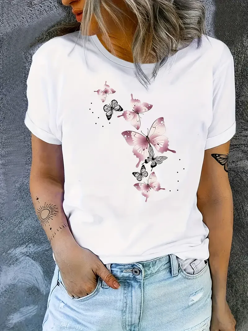 

Pink Butterfly Pattern Printed T-shirt Fun Ladies Butterfly Lover Women's T-shirt Fashion Casual Summer Top 2024 New Harajuku