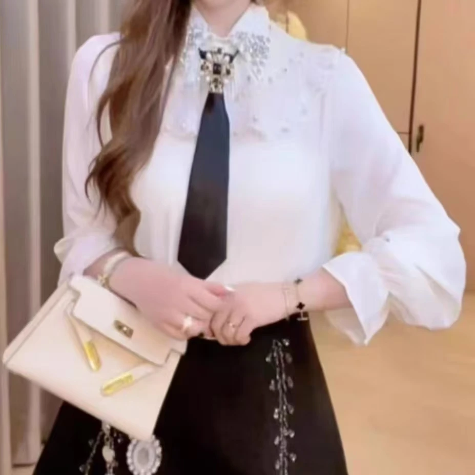 New In 2024 Autumn Diamond-Embedded With Tie White Shirt For Women Preppy Style Blouse Top Korean Popular Clothes