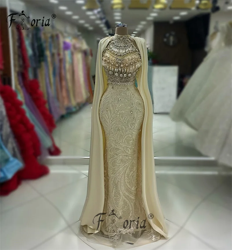 Dubai Beaded Sequin Wedding Formal Party Dress with Long Cape Champagne Pearls Stones Evening Wear Musilm Woman Special Occasion