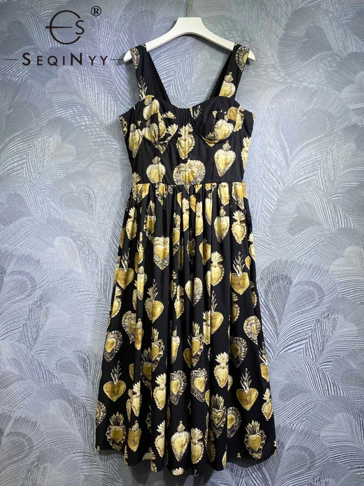 

SEQINYY Summer Spring Dress New Fashion Design Women Runway High Quality 100% Cotton Vintage Print Strapless A-Line Holiday