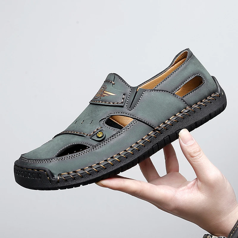 

Мужские туфли из натуральной кожи, мужские сандалии, прочные, ручной работы, с закрытым носком, нескользящие, для дома, улицы, пляжа, повседневные.