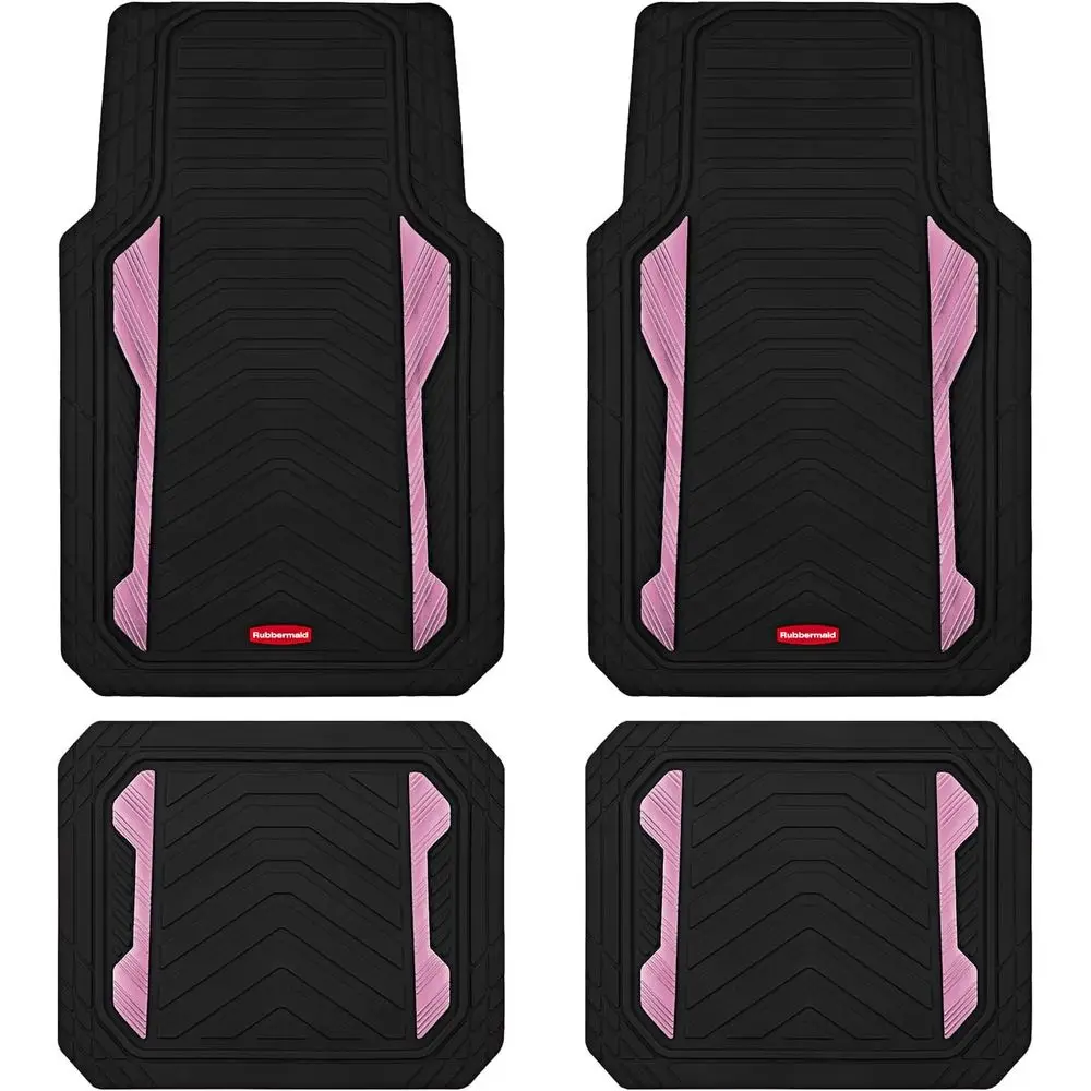 Heavy Duty All-Weather Car Mats Set with Dual-Tone Pink Inserts – Anti-Slip Backing, Trim-to-Fit or Most SUV, Sedan, Van