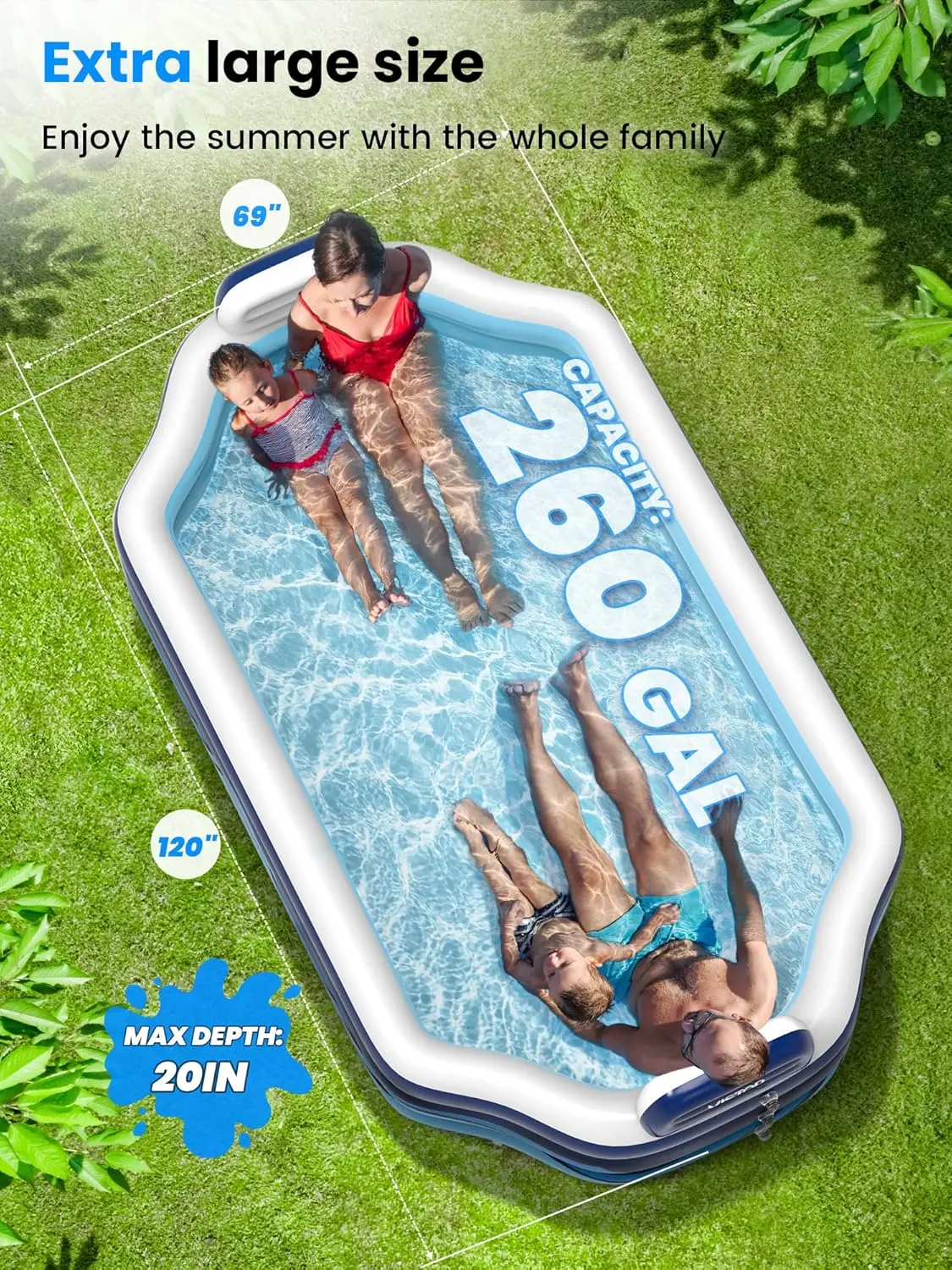 Inflatable Pool with Seats and Backrests, XLarge Thickened Full-Sized Family Fun Swimming Pool for Kids and Adults, Outdoor, Gar