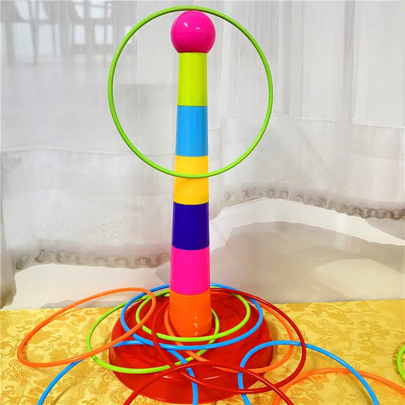 Plastic Rings+Rainbow Tower Kids Ring Toss Booth Carnival Outdoor Sports Toys Throwing Speed Agility Training Games Random Color