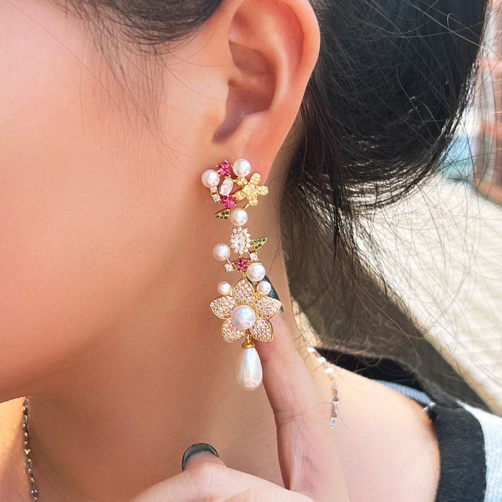 BeaQueen Exquisite Long Flower Drop Dangle Earrings with Pearl Shiny Colorful Cubic Zirconia Jewelry Women Anniversary Gift E632