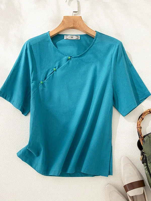 

Women's Short Sleeve Shirt Large Size Chinese Design Peacock Blue Button Side Seam National Style Top Korean Japanese Tag Cut...