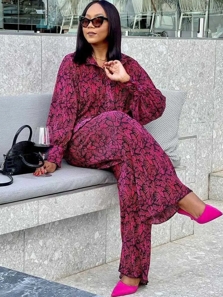 Casual Vacation Outfits Woman Spring Summer Printed Loose Fit Shirt Matching Ladies Pants Set African Fashion Women Clothes view 2
