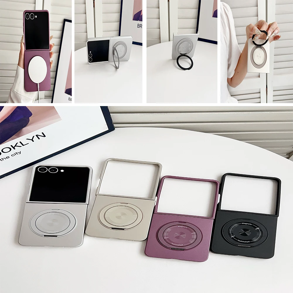 

360° Rotating Magnetic Ring Holder Phone Case For Samsung Galaxy Z Flip7 6 5 4 3 5G Cover Metallic Paint Stand Shockproof Shell