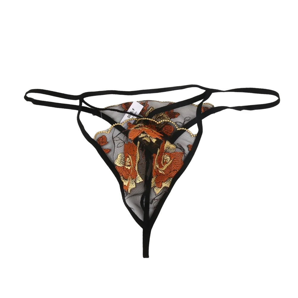 1pc Men Mesh Floral Embroidered G-String Sexy Butt Exposed Underwear Hollow Out Low-waist Thongs Printing Panties