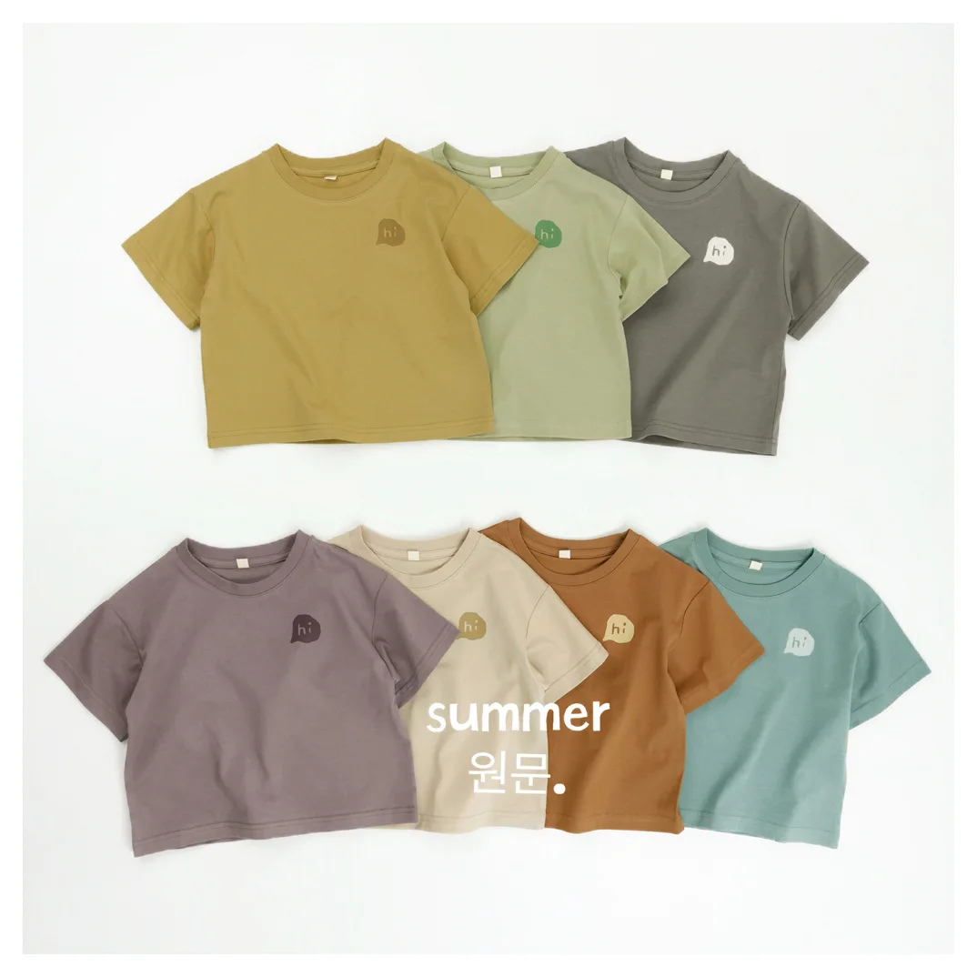 Kids 7 Colors Solid T-shirt Summer Short Sleeve with Small Embroidery Casual Tops for Boys Girls
