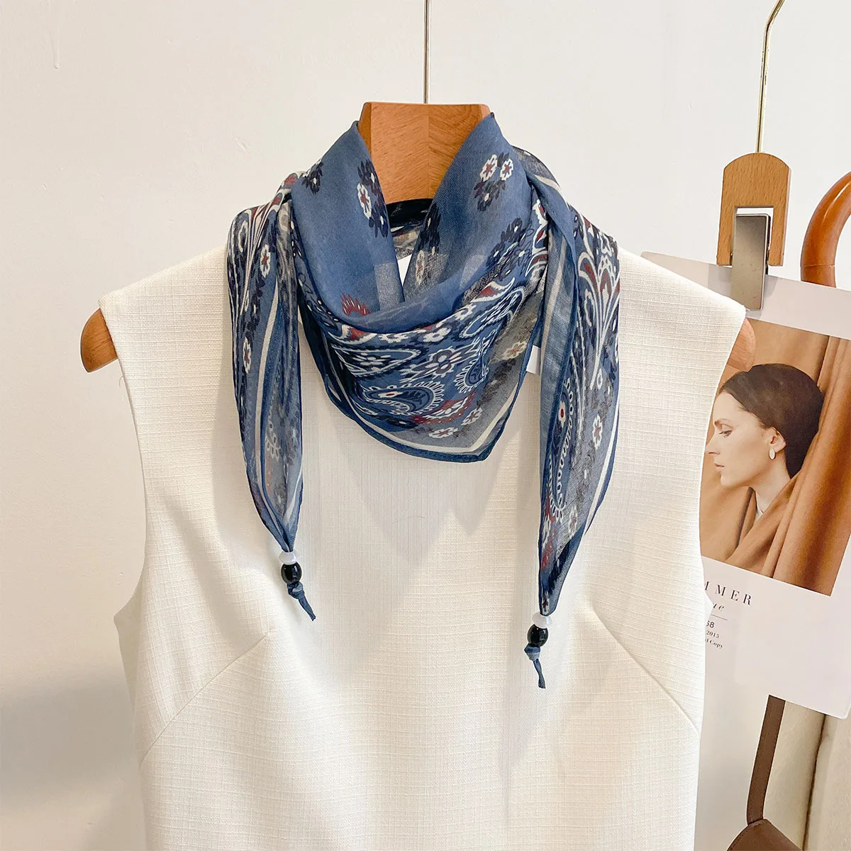Retro Cashew Scarves With Pendant For Women Thin Diamond-shaped Scarf Bandanas Luxury Hijab Neckerchief Elegant Shawl Wraps