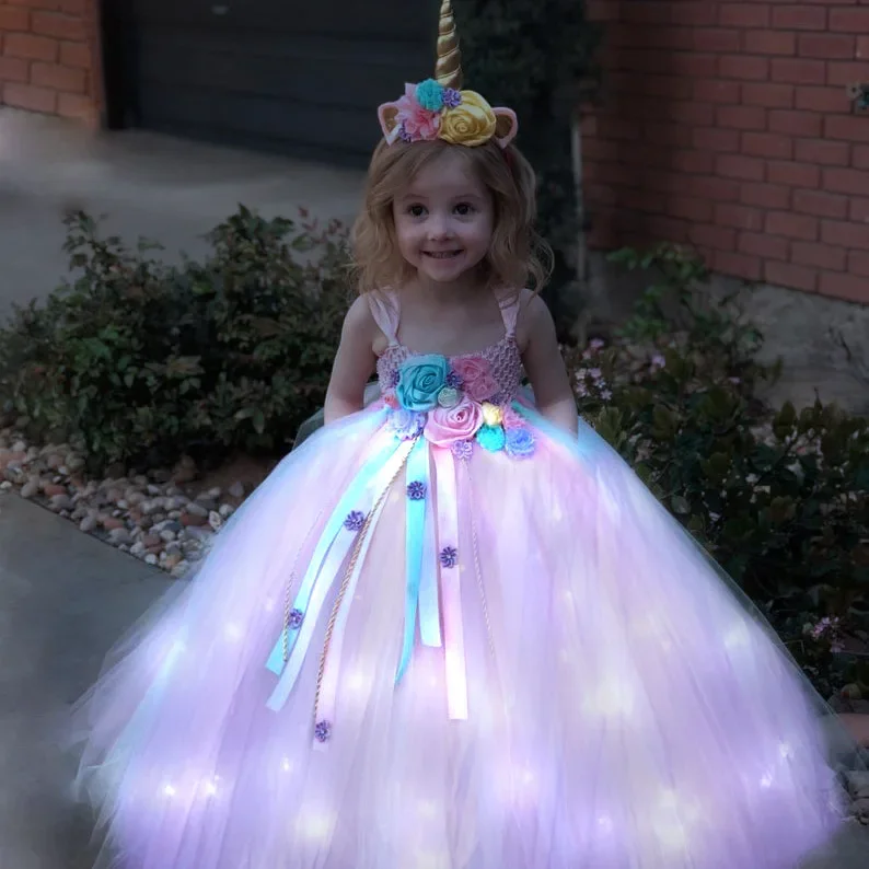 Gilrs Long LED Unicorn Tutu Dress Girls Knee Dress Kids Birthday Party Princess Costume for Halloween Xmas Ball Gown Dresses