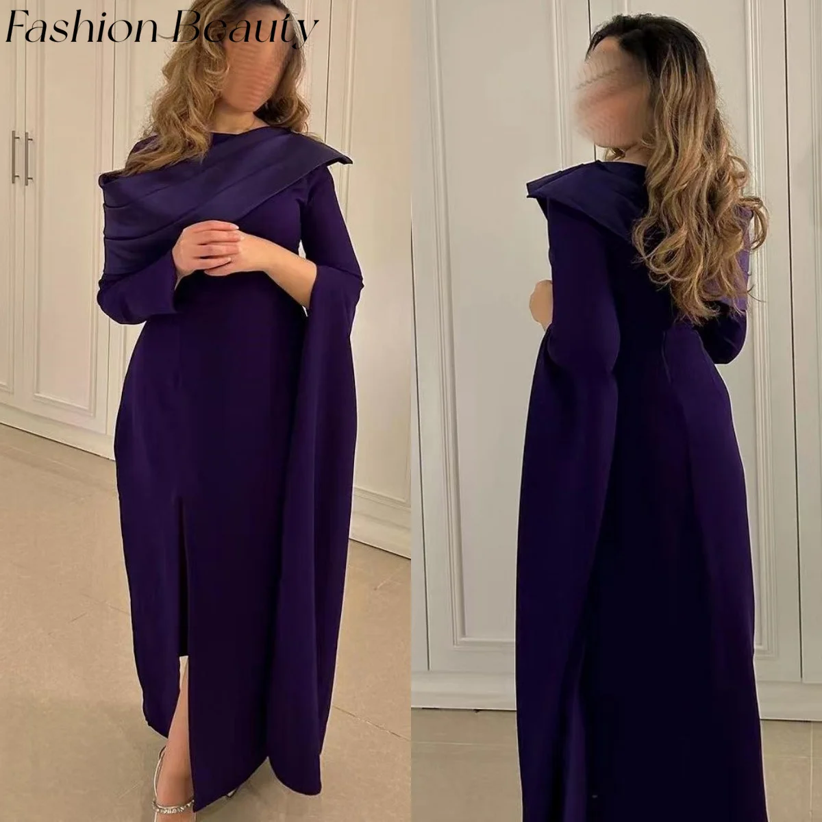 Fashion Beauty Saudi Purple Prom Dresses O Neck Pleated Long Sleeves Party Occasion Dress For Women 2024 vestidos فساتين السهرة