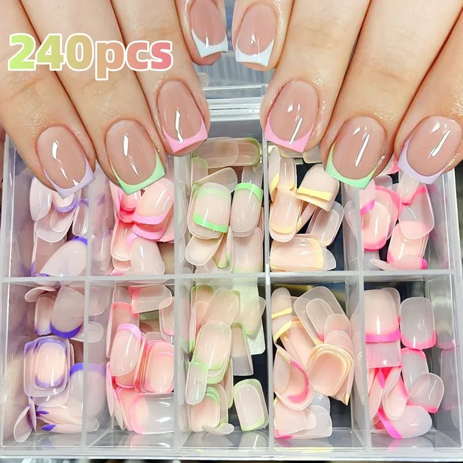 

240/120 шт., летние красочные накладные ногти, короткие квадратные накладные ногти, французский акриловый маникюр, глянцевые накладные ногти с полным покрытием