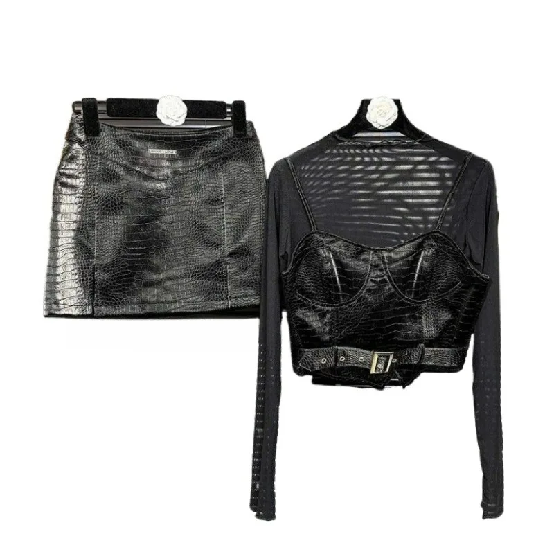 

French Hot Girl Retro Fashionable Leather Slimming Three-piece Fashion Set New Spring and Autumn Women's Set Women's Short Skirt