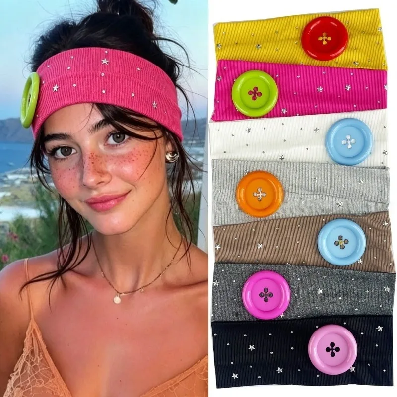 Y2K Candy Color Headband Big Button Decor Rhinestone Star Ribbed Elastic Turban Wide Hair Band for Women Girl Aesthetic Headwear