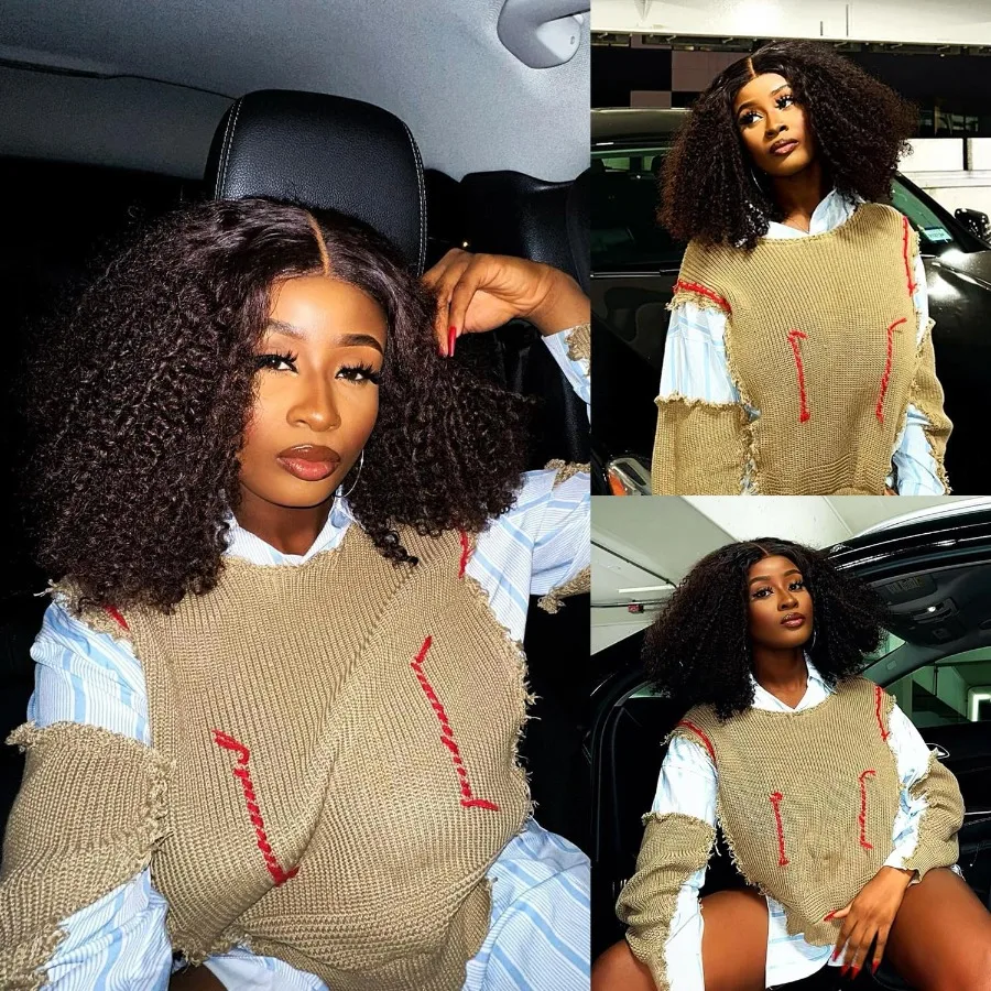 مجعد الدانتيل الجبهة الباروكات قبل قطعها قصيرة الدانتيل الجبهة الباروكات للنساء السود 13x4x1 HD بني داكن مجعد شعر مستعار أفريقي الشعر الاصطناعية 17 I