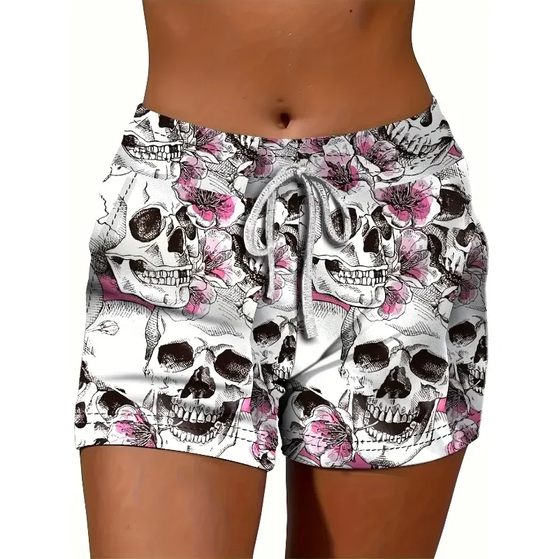 

Women's High Stretch Skull Floral Print Drawstring Shorts - Casual Summer Vacation Breathable Polyester BlendCV
