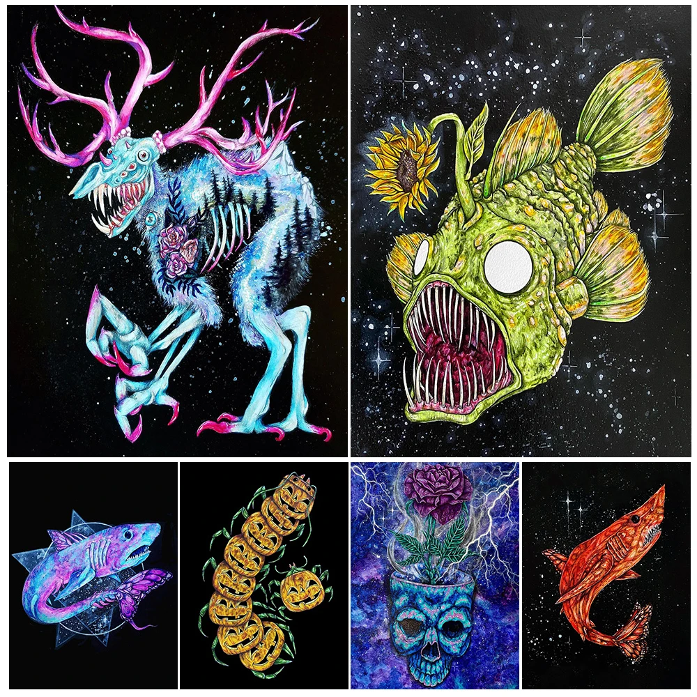 

Butterfly Shark,Snakehead Kraken,Pumpkin Centipede Vintage Wall Art Print Surreal Fantasy Creature Art Poster Print Home Decor