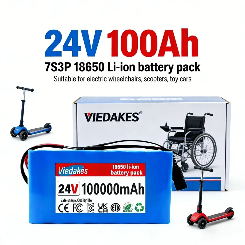 24V 100Ah 7S3P Battery Pack 18650 Rechargeable Li-ion Battery with 29.4V 2A Charger for Electric Wheelchair Scooter