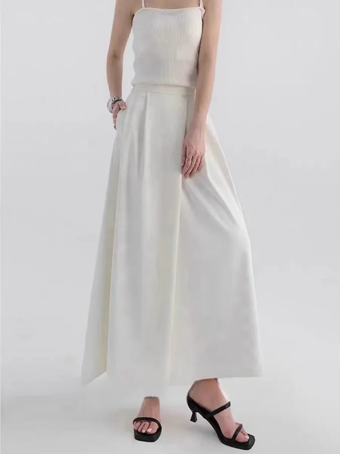 High Waist A-Line Skirt Women's Spring Autumn White Half Skirt Hip Concealing Slimming Wide Leg Pants Skirt Korean Style Casu...