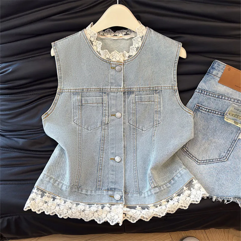 

Fashion Lace Stitching Denim Vest Women Summer New Light Blue Thin Short Cowboy Waistcoat Lapel Sleeveless Jeans Jacket Coat