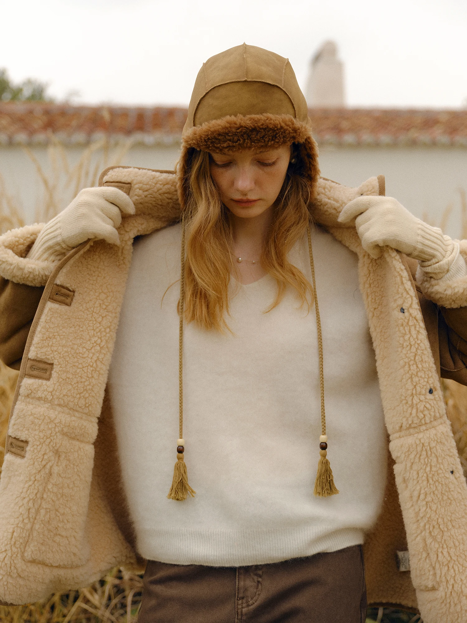 클린센스 풀울 스웨이드 가죽 퍼 일체형 숄더 슬리브 가죽 자켓 안팎 따뜻한 프렌치 스타일 여성 코트